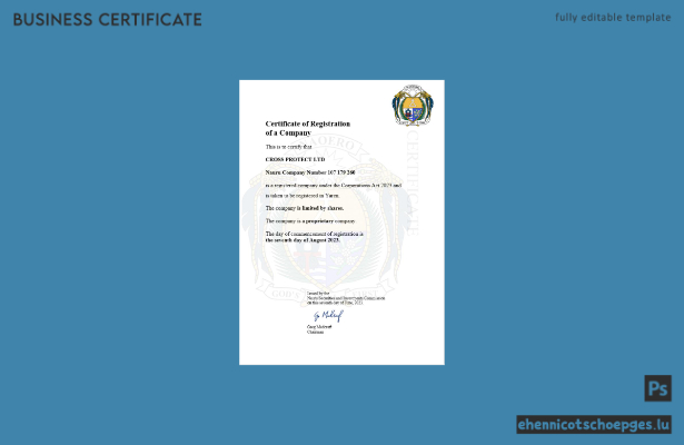 Beispielvorschau der Firmenregistrierungsurkunde von Nauru (Word und PDF)